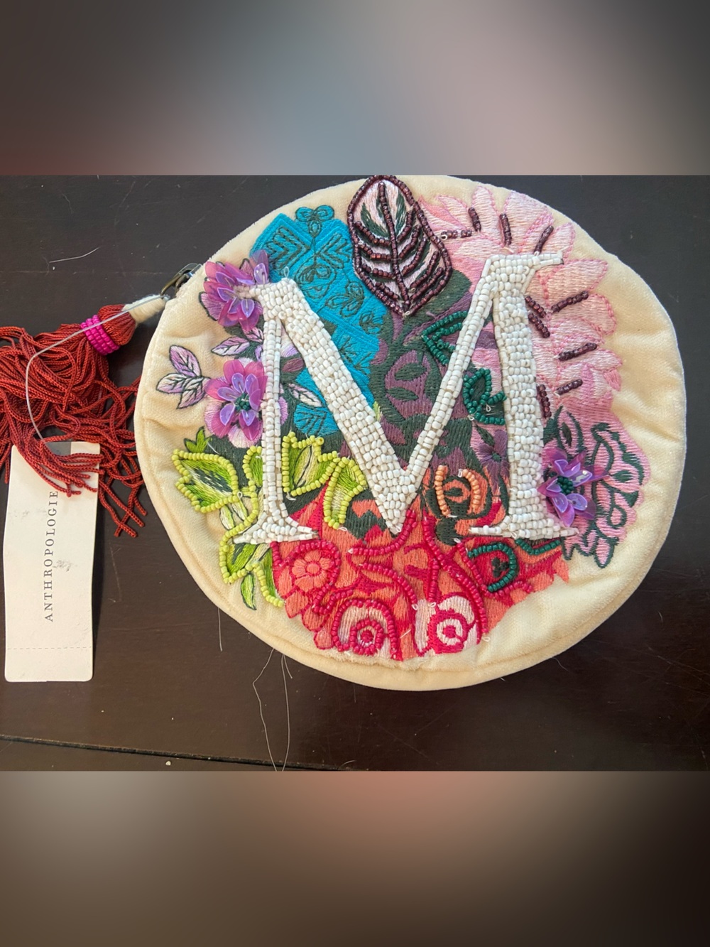 Anthropologie Multicolor Embroidered Beaded Round Wrist Pouch, Letter M